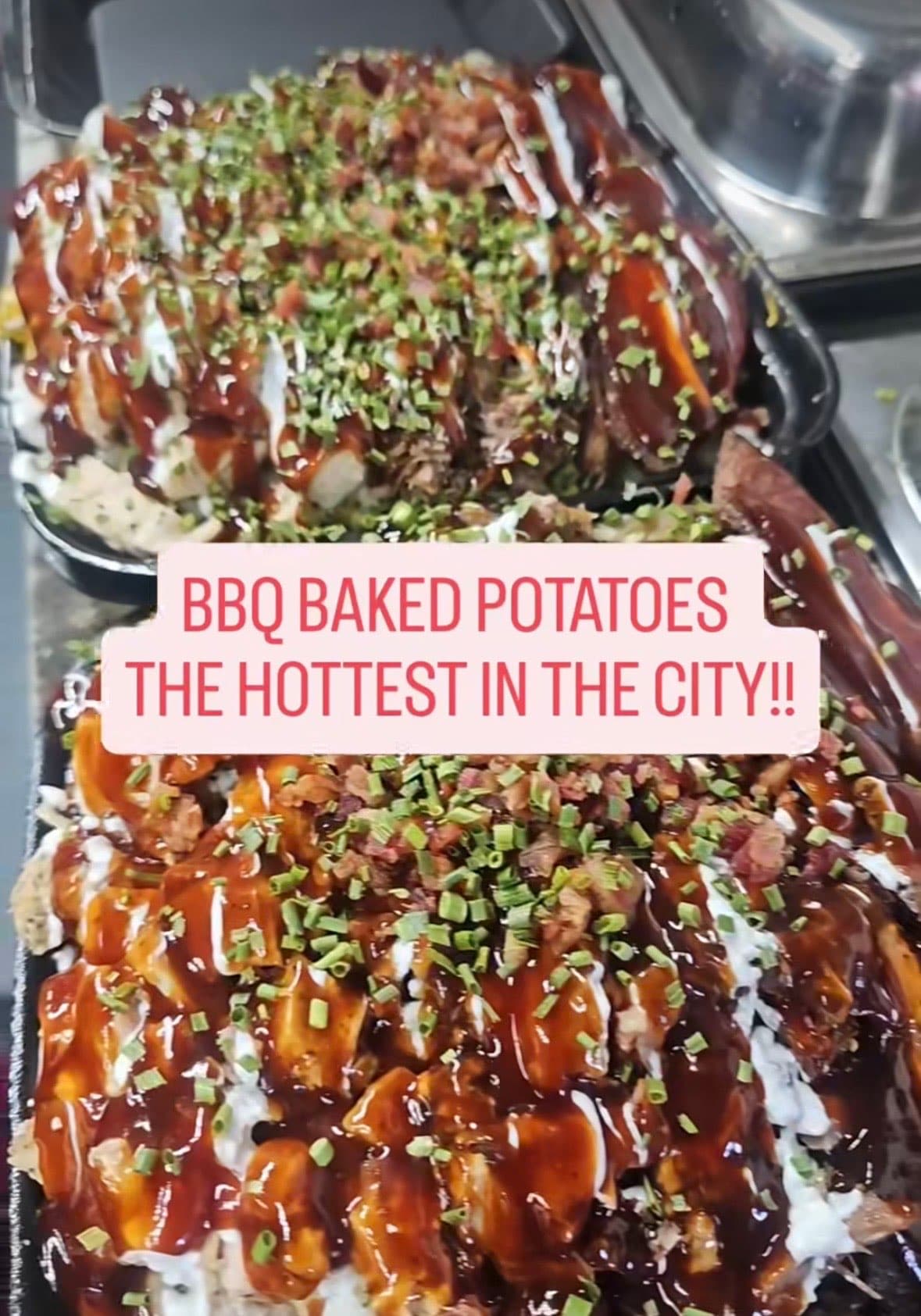 BBQ loaded baked potato drizzled with BBQ sauce, bacon bits, and chives — Lil Moe's Potato Trap Houston food truck