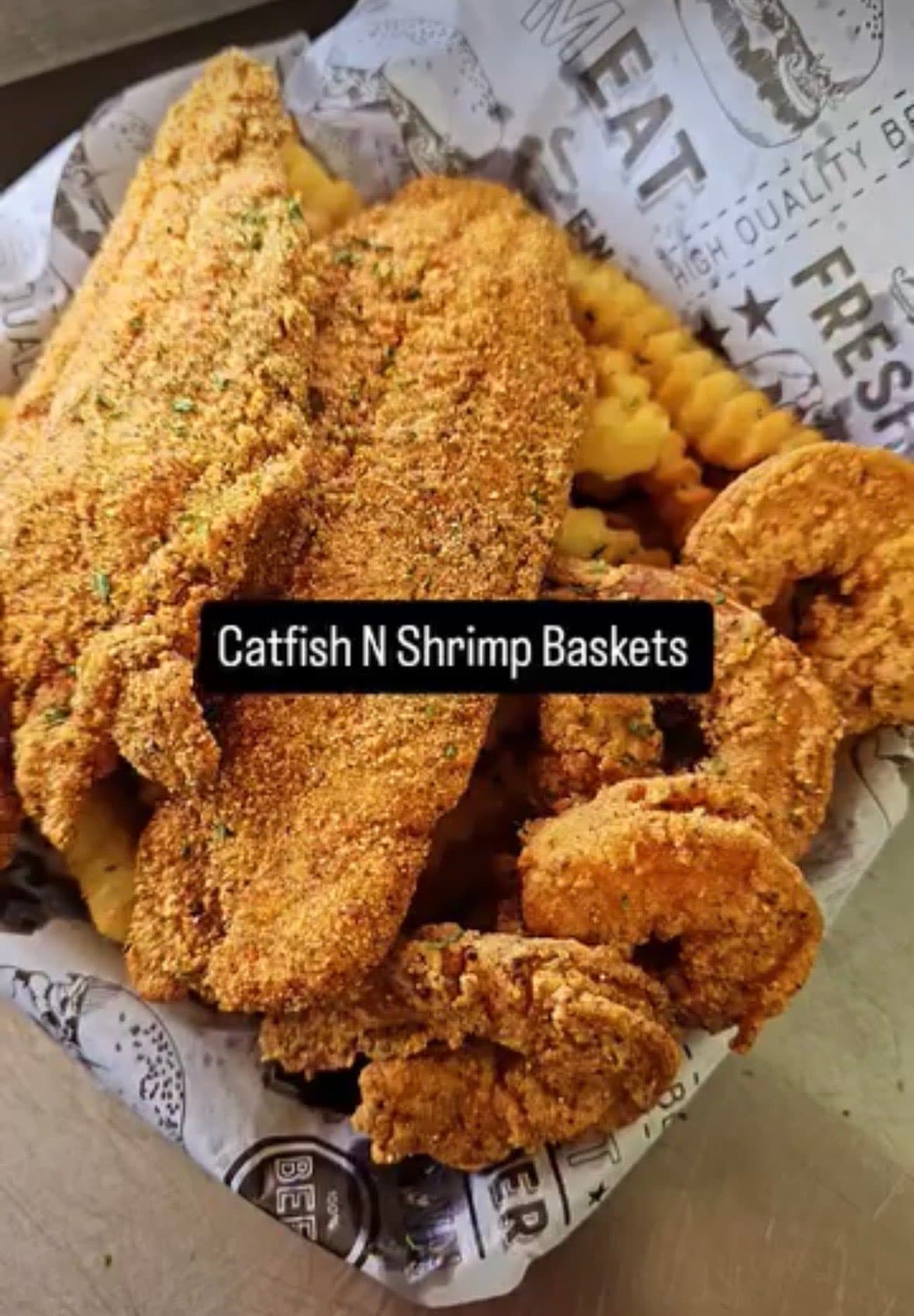 Fried catfish and shrimp basket with crinkle fries — Lil Moe's Potato Trap Houston food truck