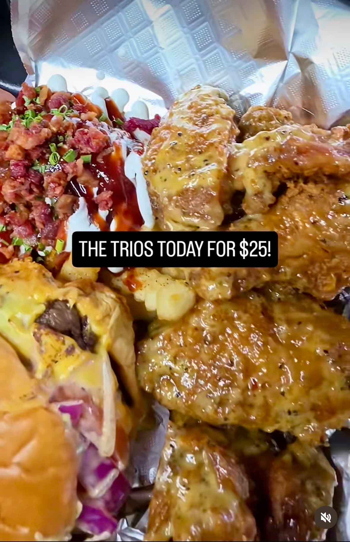 The Trio combo — loaded baked potato, wings, and slider — Lil Moe's Potato Trap Houston food truck