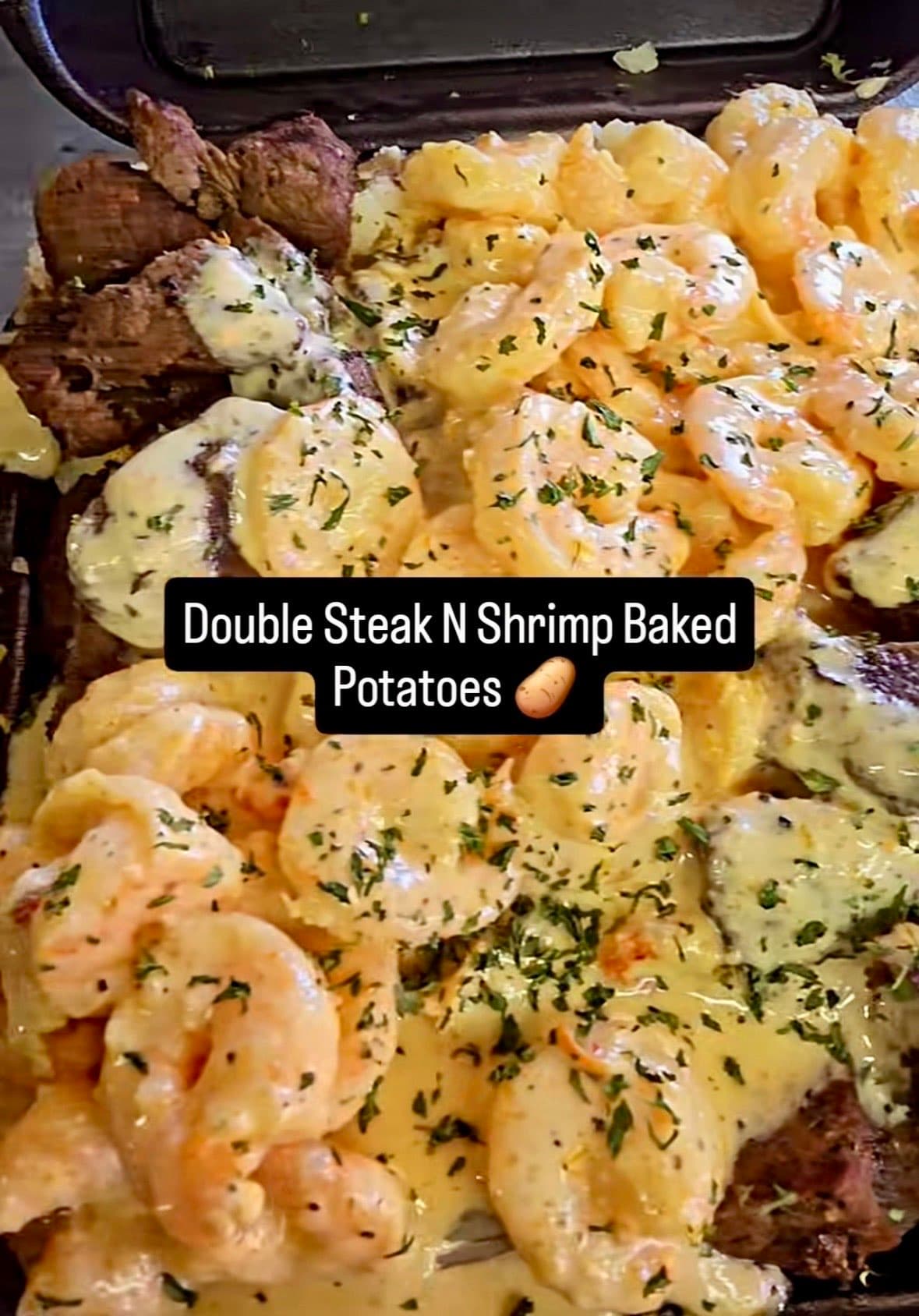 Double Steak and Shrimp baked potato with butter-sauced shrimp — Lil Moe's Potato Trap Houston food truck